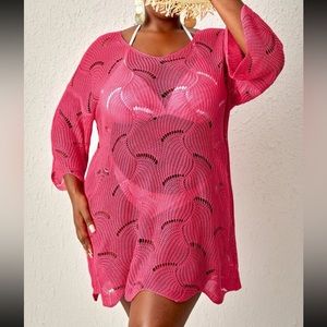 Plus Size Knit Cover Up Top Sheer Mesh Dress Pink